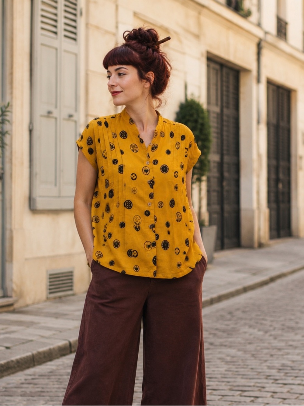 YASUKO 100% Cotton Mustard Japanese Art Print Lagenlook Button Blouse